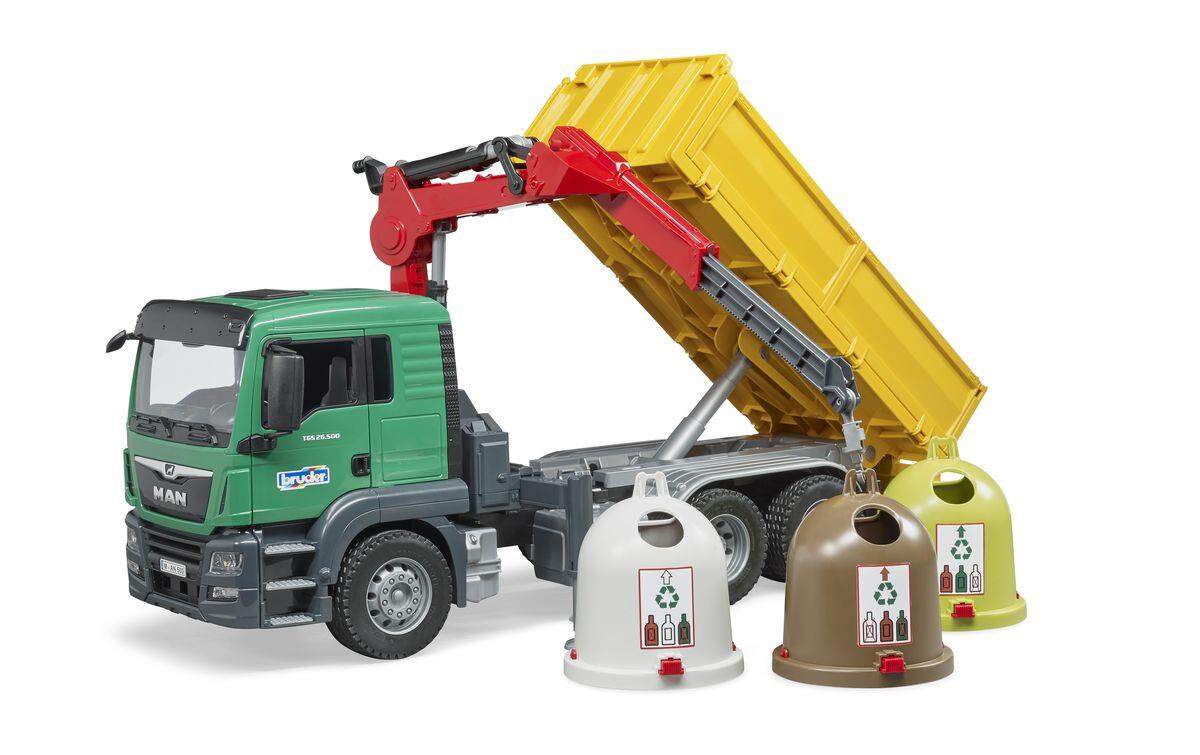 BRUDER® 3753 MAN TGS LKW mit Ladekran, 3 Altglascontainern und Flaschen