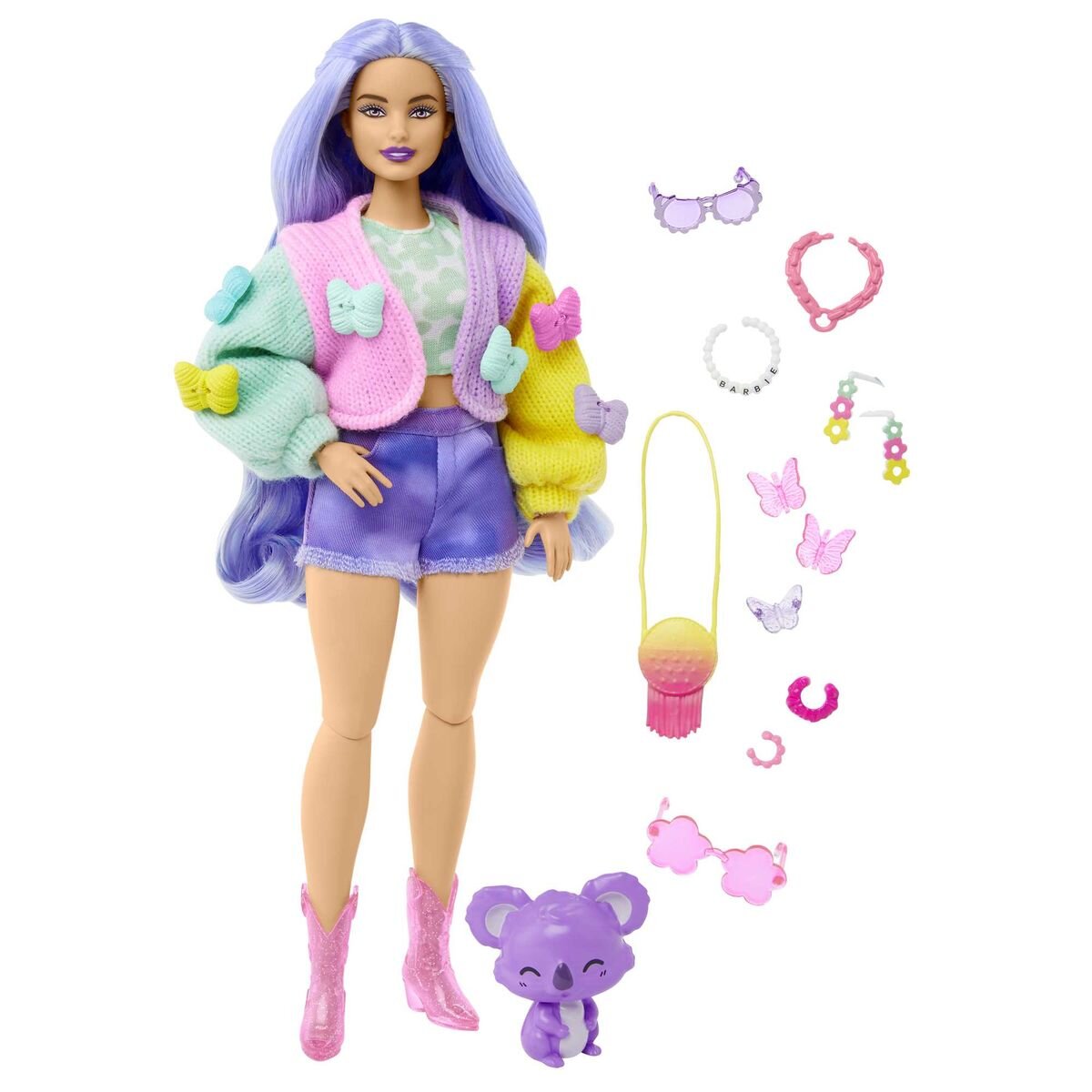 Barbie Extra Puppe (lavendelfarbenes Haar) mit Schmetterlings-Haarspangen