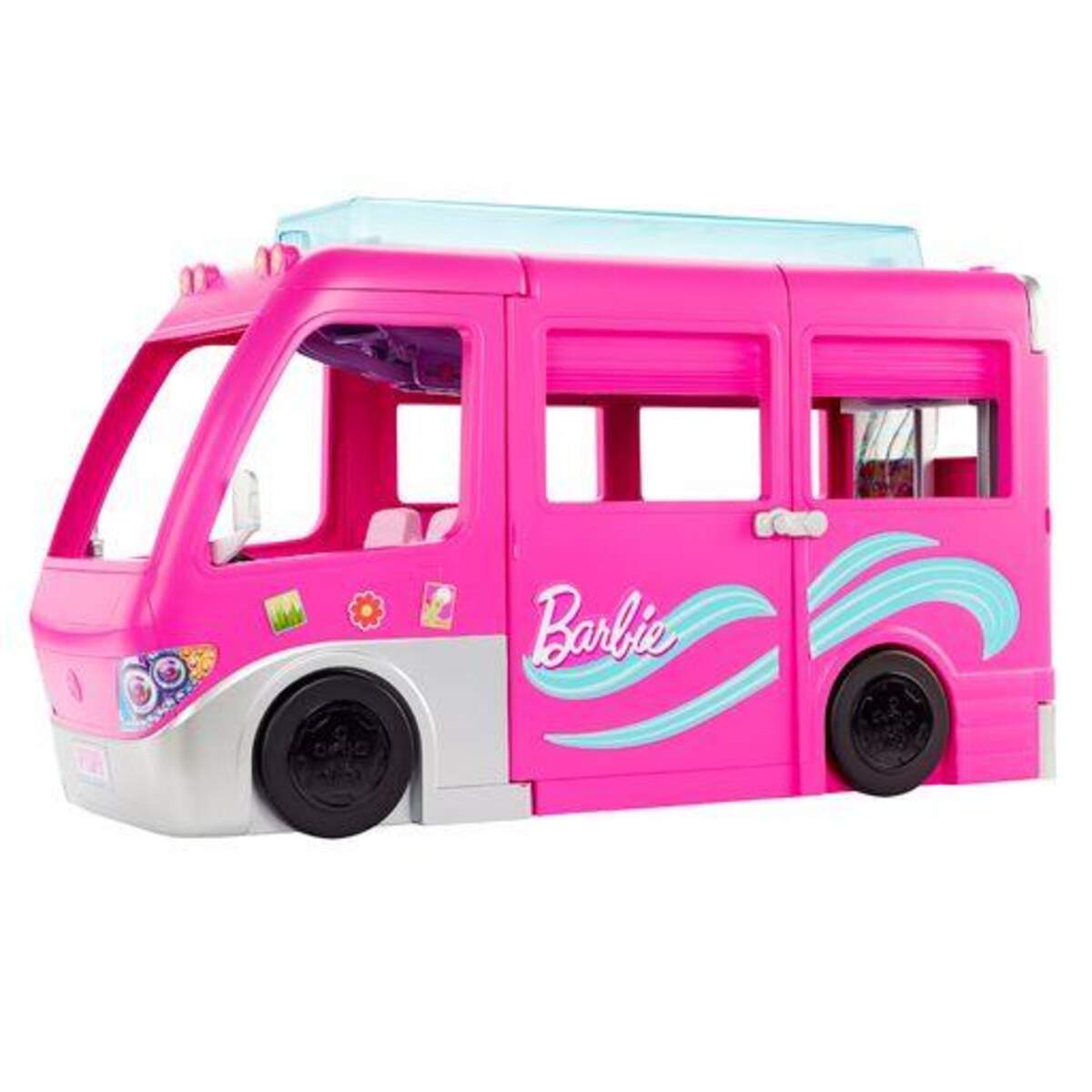 Barbie Super Abenteuer-Camper Fahrzeug, 76 cm groß mit Pool, Rutsche und über 60 Zubehörteilen