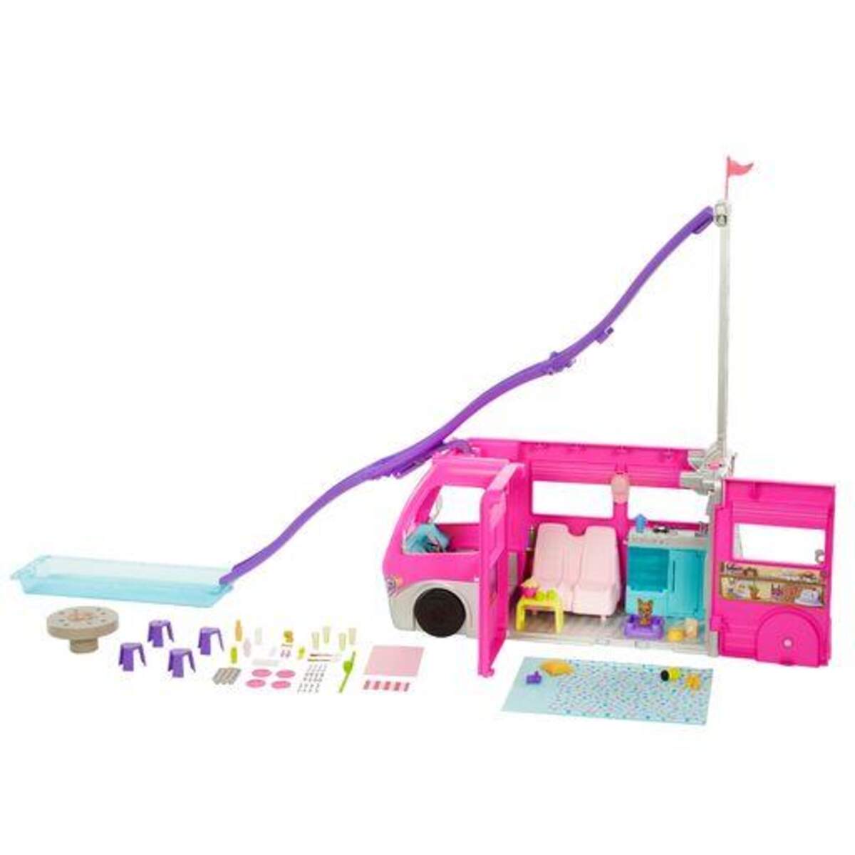Barbie Super Abenteuer-Camper Fahrzeug, 76 cm groß mit Pool, Rutsche und über 60 Zubehörteilen