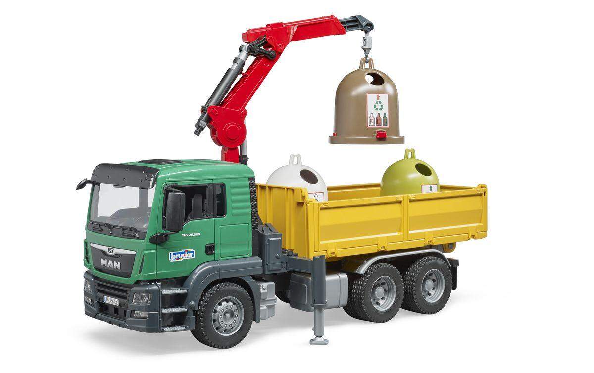 BRUDER® 3753 MAN TGS LKW mit Ladekran, 3 Altglascontainern und Flaschen
