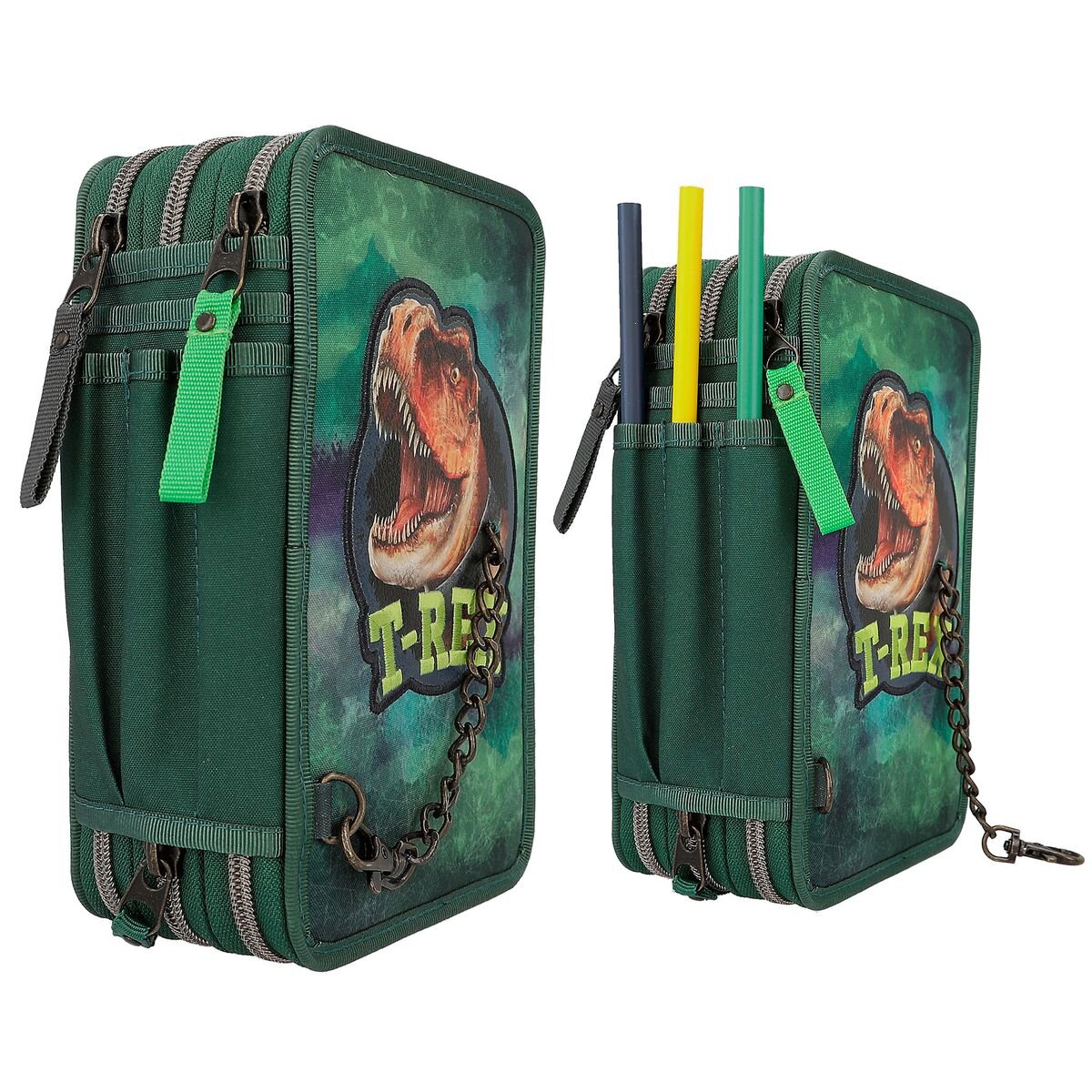 Depesche Dino World 3-Fach Federtasche Mit Kette Grün