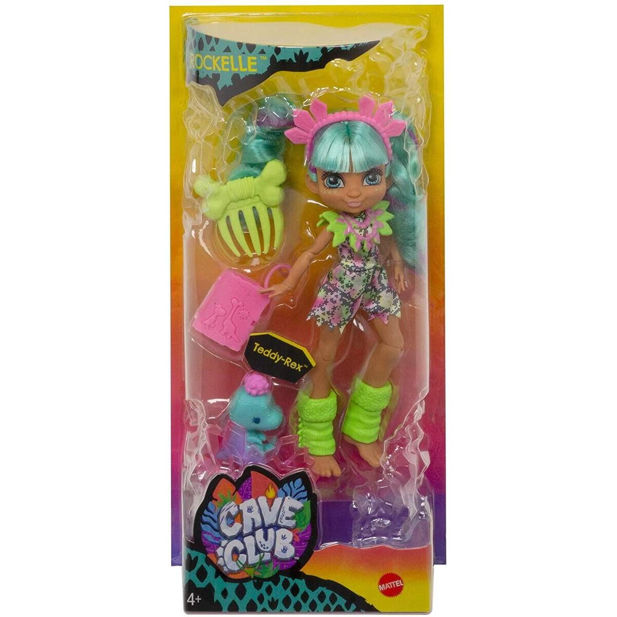 Mattel Cave Club Rockelle Puppe (25 cm), prähistorische Modepuppe mit Haus-Dinosaurier