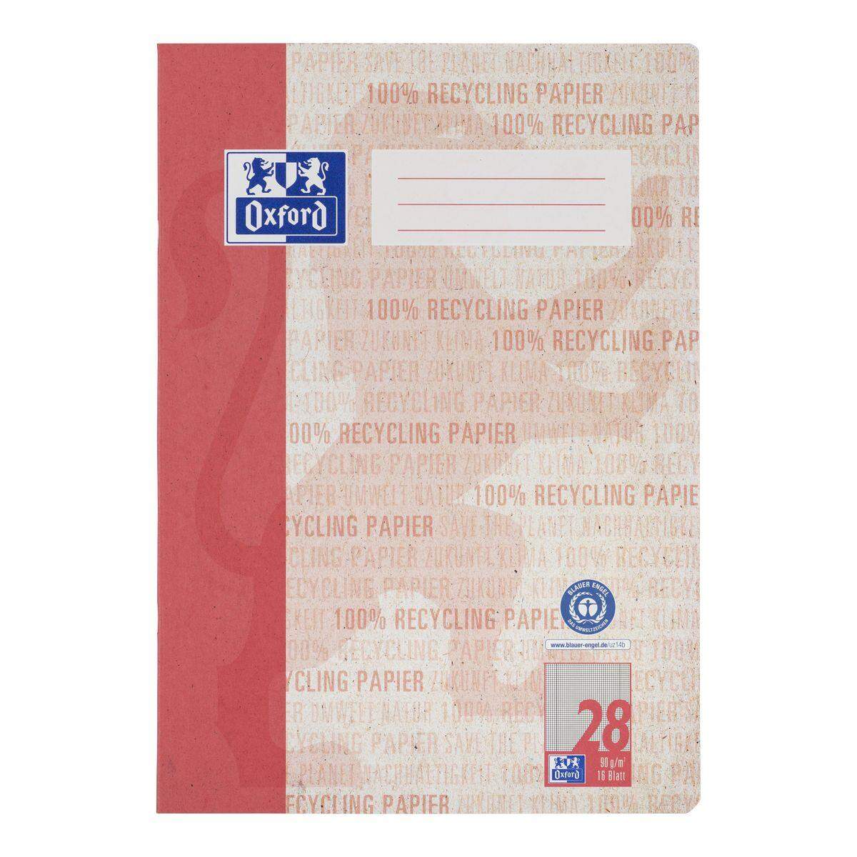 Oxford Recycling Schulheft A4, 16 Blatt, Lineatur 28 (kariert mit Rand links und rechts), 90 g/m²