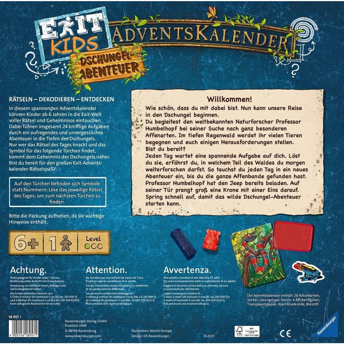 Ravensburger - EXIT Adventskalender kids - Dschungel-Abenteuer - 24 Rätsel für EXIT-Begeisterte