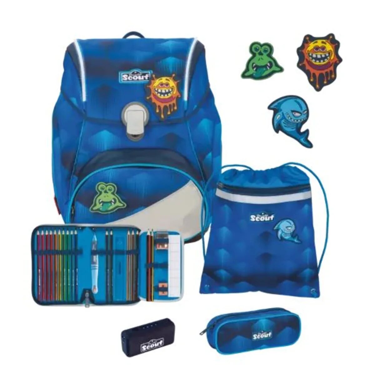 Scout Schulranzen-Set Genius Exklusiv Safety Light Funny Freaks, 5-teilig