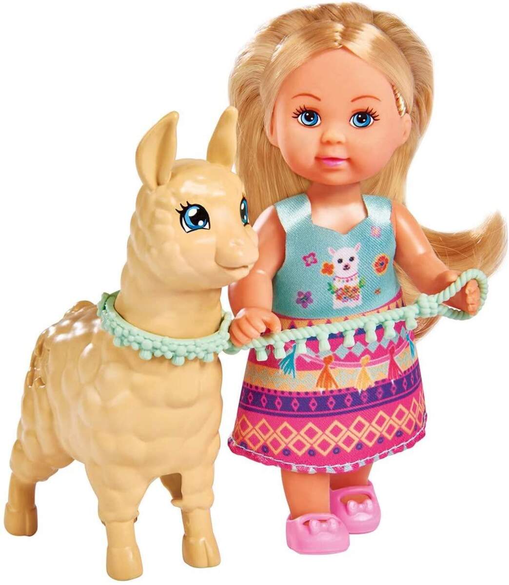 Simba Evi Love Puppe im süßen Outfit mit Alpaka und Leine, 12 cm