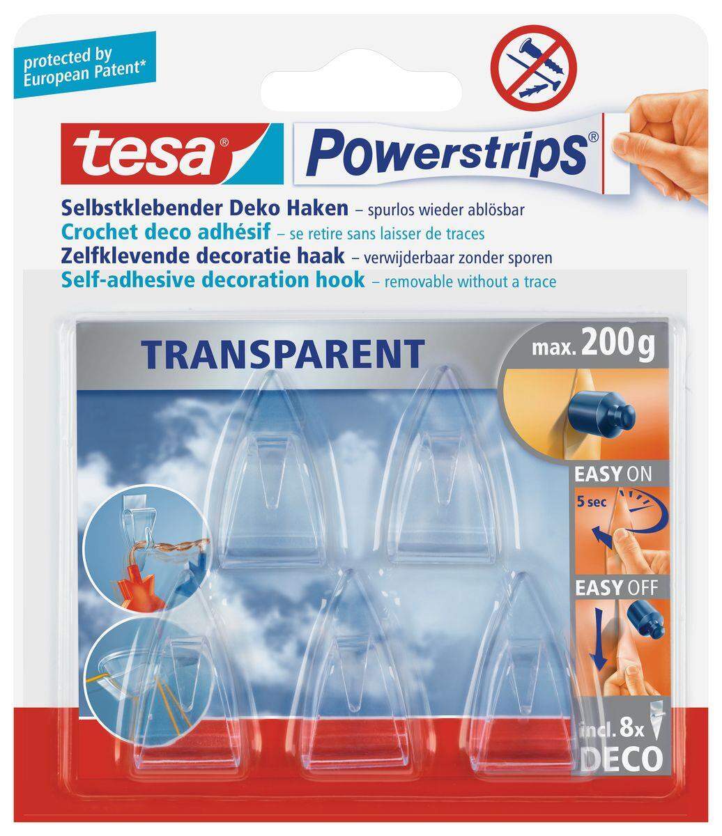 tesa Powerstrips transparent Deco-Haken, 5 Haken/8 Strips